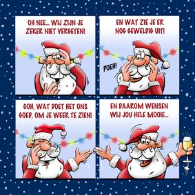 Grappige kerstkaart met kerstman die fijne feestdagen wenst