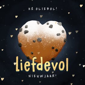 Grappige, liefdevolle nieuwjaarskaart met oliebol en hartjes