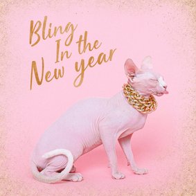 Grappige nieuwjaarskaart bling kat met ketting roze