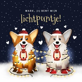 Grappige valentijnskaart met 2 corgi's een lichtpuntje