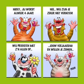 Grappige verjaardagskaart met 4 poesjes die juichen