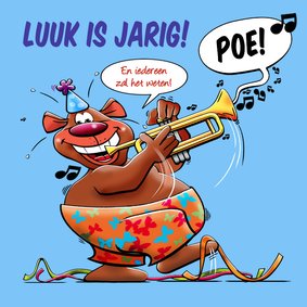 Grappige verjaardagskaart met beer, die muziek maakt