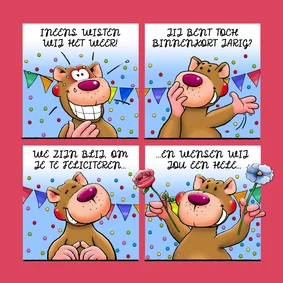 Grappige verjaardagskaart met beer en bloemen