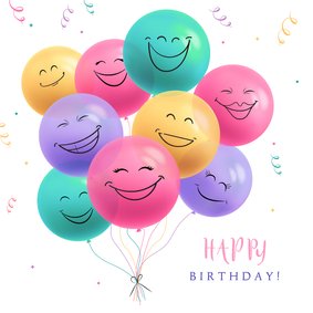 Grappige verjaardagskaart met gekleurde smiley ballonnen
