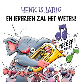 Grappige verjaardagskaart met olifant die tuba speelt