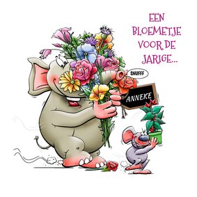 Grappige verjaardagskaart met olifant en muisje, met bloemen