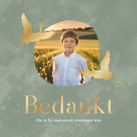 Groene waterverf communiekaart bedankt met foto gouden vogel