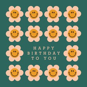Groovy verjaardagskaartje met retro smiley bloemen