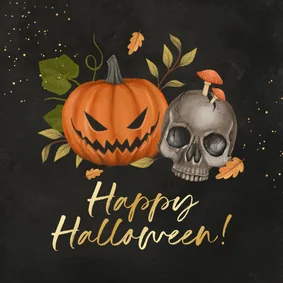 Happy Halloween wenskaart pompoen schedel griezelig