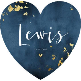 Hartvormig geboortekaartje blauwe waterverf gouden spetters