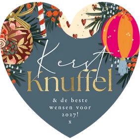 Hartvormige kerstkaart kerstknuffel kerstbal goud hartjes