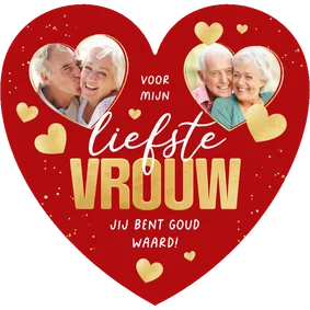 Hartvormige valentijnskaart goud hartjes liefste vrouw rood