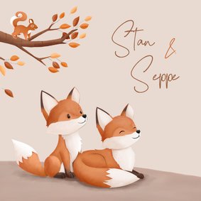 Hip geboortekaartje bosdieren illustratie vosjes tweeling