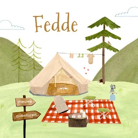 Hip geboortekaartje kamperen bergen tent wipstoel