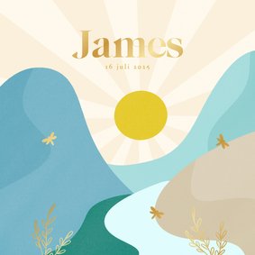 Hip geboortekaartjes jongen met landschap en gouden libelle