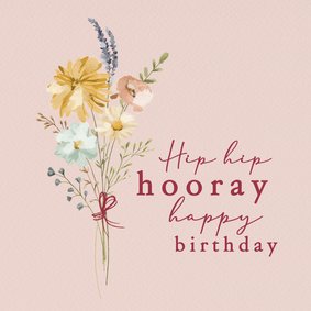 Hip hip hooray verjaardag bos bloemen getekend