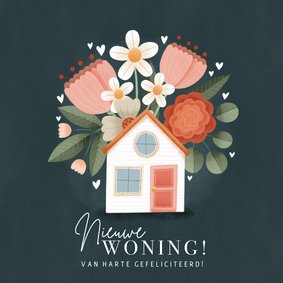 Hippe felicitatiekaart Nieuwe woning, huisje met bloemen