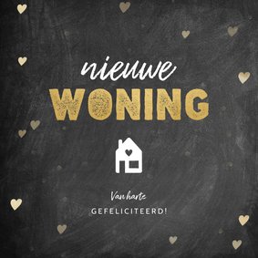 Hippe felicitatiekaart nieuwe woning krijtbord en hartjes