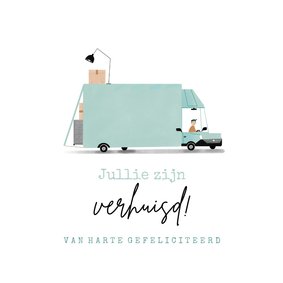 Hippe felicitatiekaart verhuizing met verhuisbus illustratie