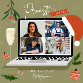 Hippe fotocollage kaart proost op afstand laptop kerstsfeer