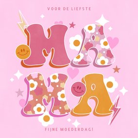 Hippe, groovy Moederdag kaart liefste mama bloemen & hartjes