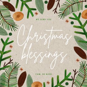 Hippe kerstkaart Christmas Blessings groene takjes op papier