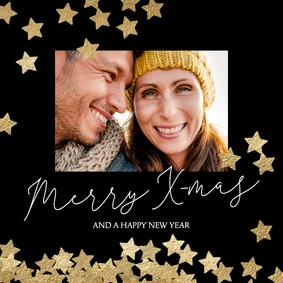 Hippe kerstkaart foto gouden sterren confetti