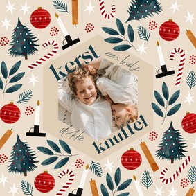 Hippe kerstkaart kerstknuffel met foto en kerstillustraties