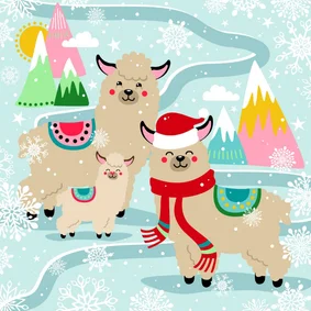 Hippe kerstkaart met alpaca in de sneeuw