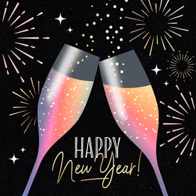 Hippe nieuwjaarskaart champagne glazen vuurwerk