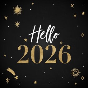 Hippe nieuwjaarskaart Hello 2026 met vuurwerk en sterren