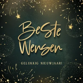 Hippe nieuwjaarskaart met goudlook tekst sterren & vuurwerk