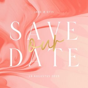 Hippe save the date kaart satijnlook in roze met goudfolie