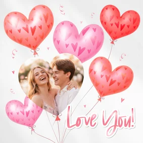 Hippe valentijnskaart met eigen foto en hartjes 3d ballonnen