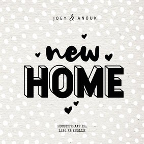 Hippe verhuiskaart typografie new home, kraft en hartjes