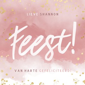 Hippe verjaardagskaart Feest! Roze waterverf gouden spetters