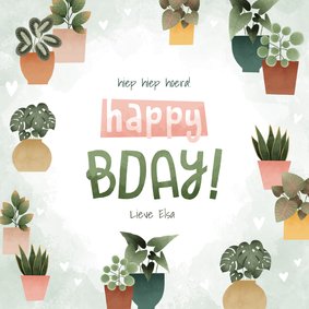 Hippe verjaardagskaart met plantjes, hartjes Happy Bday!