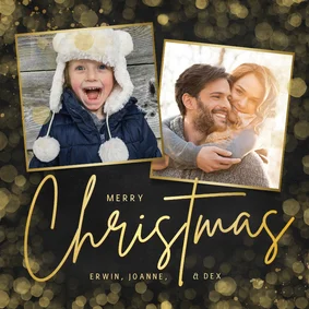 Hippe zwarte kerstkaart met gouden Christmas en 2 foto's