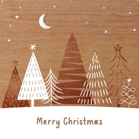 Houtlook kerstkaart stijlvol artistiek getekende kerstbomen