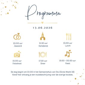 Inlegkaart vierkant met dagindeling trouwdag met foliedruk