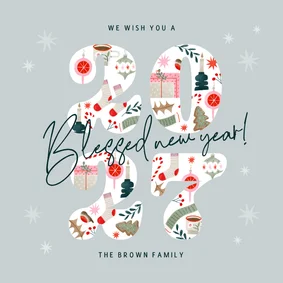 Internationale nieuwjaarskaart 'blessed new year' blauw