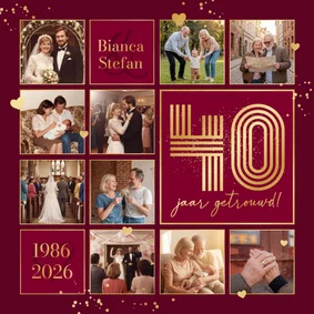 Jubileumfeest fotocollage uitnodiging liefde hartjes robijn
