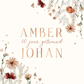 Jubileumkaart 50 jaar bloemen en hartjes