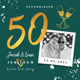 Jubileumkaart 50 jaar huwelijk groen stijlvol met champagne