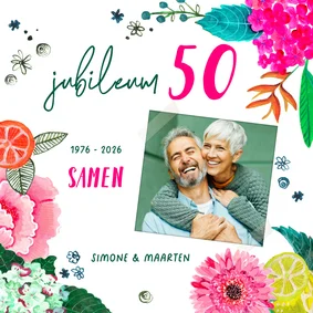 Jubileumkaart 50 jaar samen met foto en bloemen