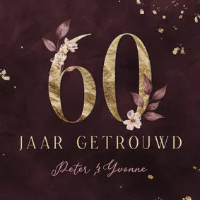 Jubileumkaart 60 jaar goud met aquarel bloemen
