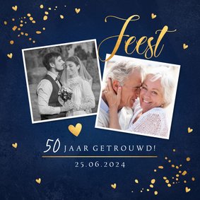 Jubileumkaart blauw foto confetti goudlook 50 jaar