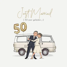 Jubileumkaart busje met echtpaar en ballonnen