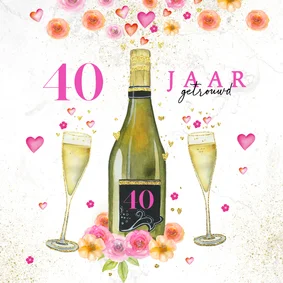Jubileumkaart champagne en aquarelbloemen 