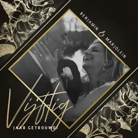 Jubileumkaart gouden bloemen zwart 50 jaar getrouwd met foto